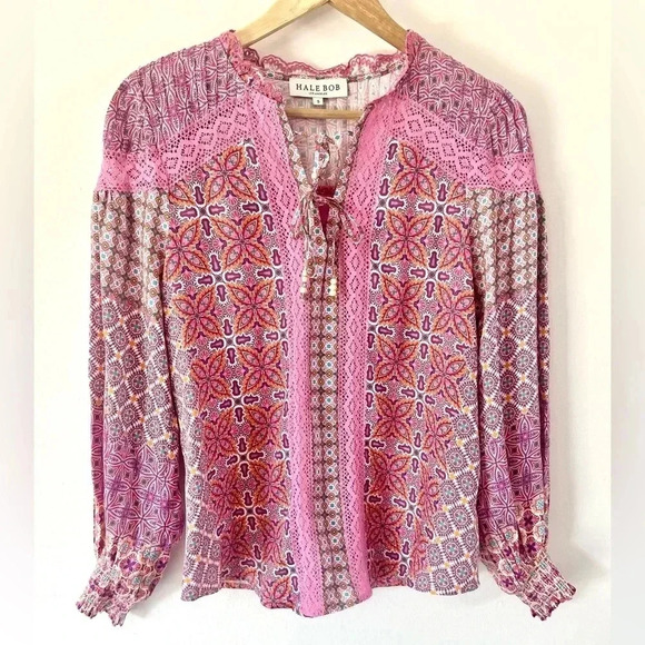 Hale Bob Los Angeles Adelaide Crochet Trim Pink Boho Pattern Blouse Size Small - Picture 3 of 15